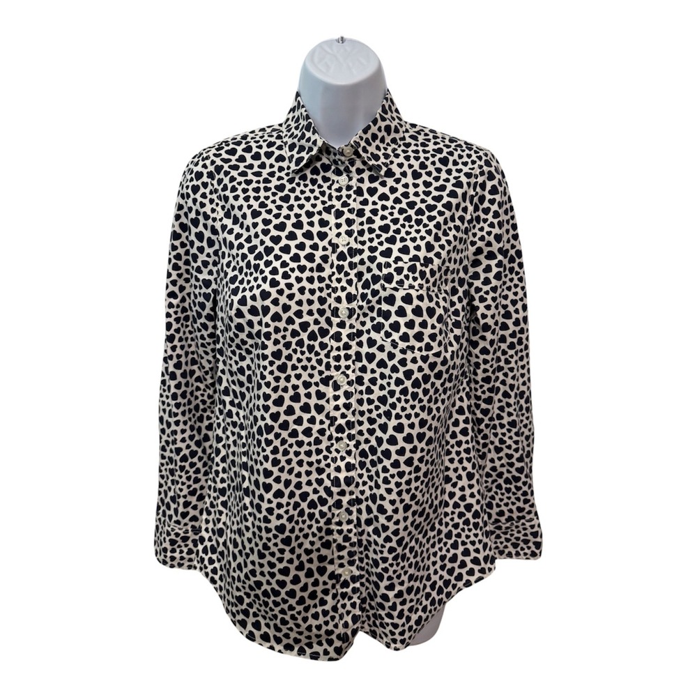 J.Crew Womens XS Navy Blue Heart‎ Print Button Down Shirt Long Sleeve